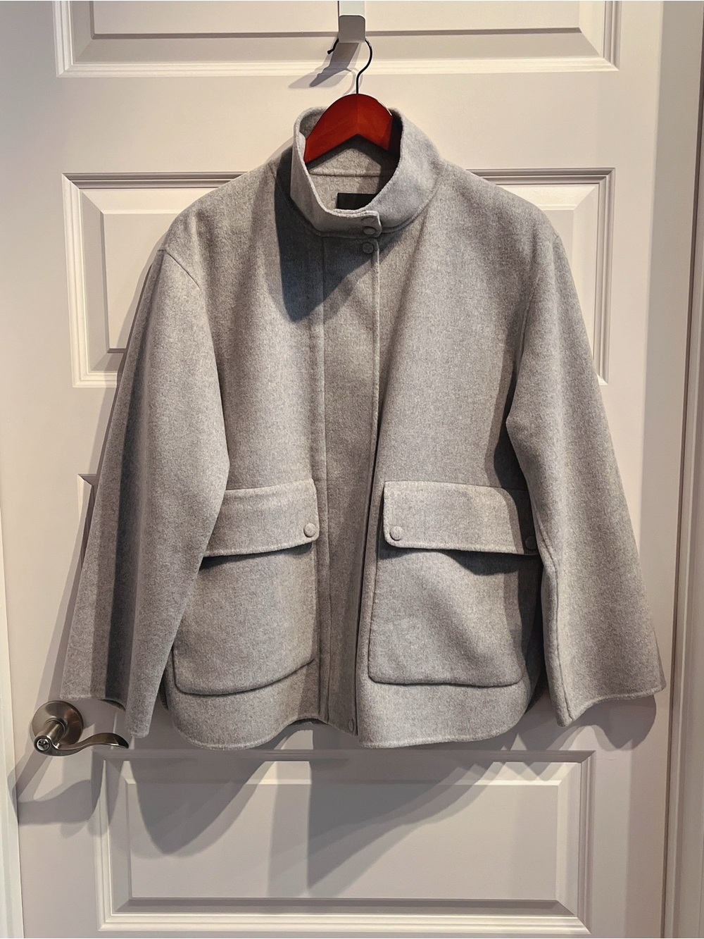 New Theory Funnel Neck Gray Wool Cashmere Jacket Coat Minimalist Timeless Luxury